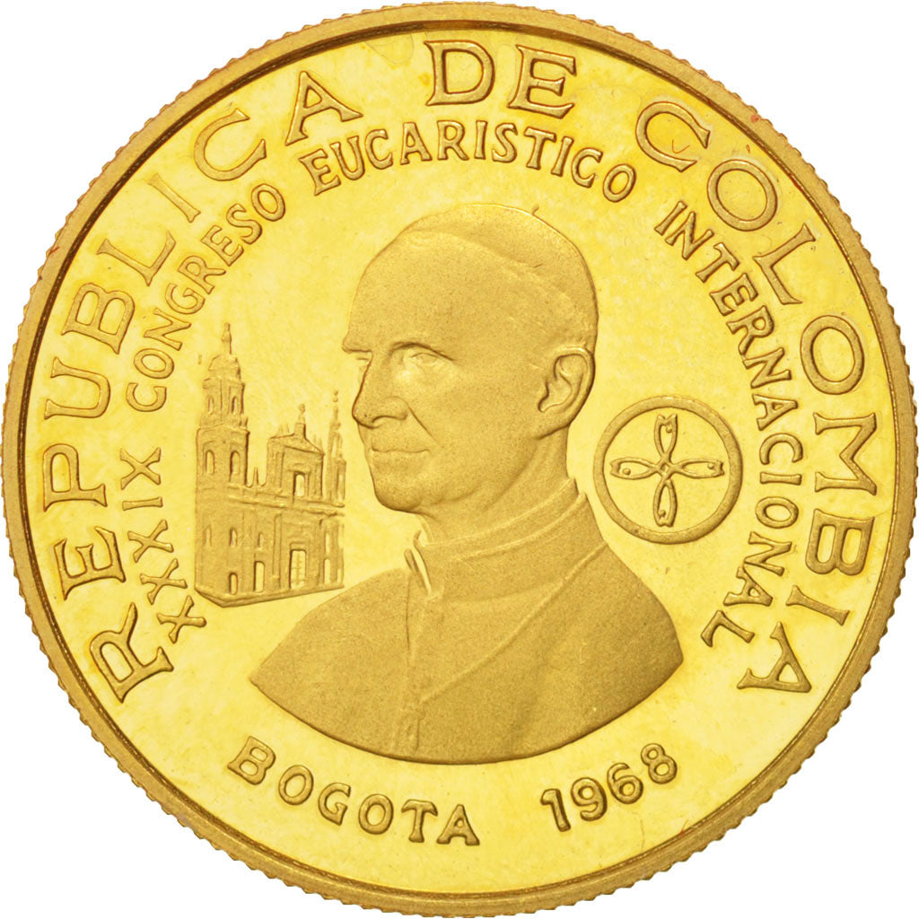 Colombia, 100 Pesos, Paul VI, 1968, MS(63), Gold, KM:231