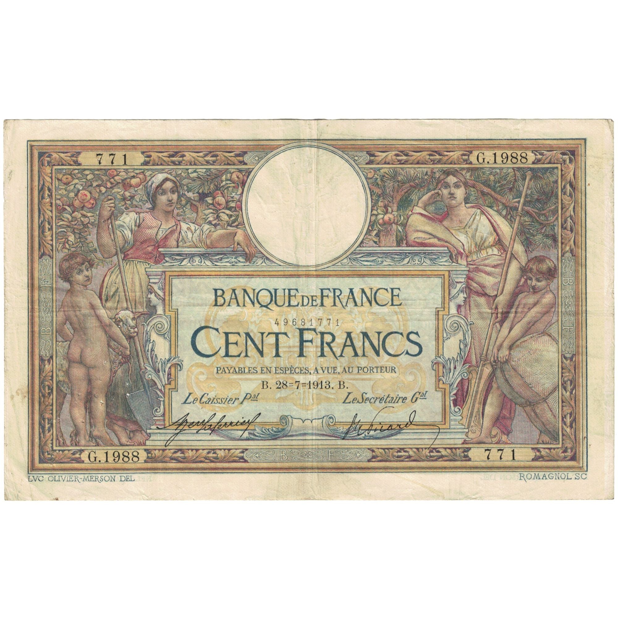 Frankreich, 100 Francs, Luc Olivier Merson, 1913, G.1988 771, S+, Fayette:24.6