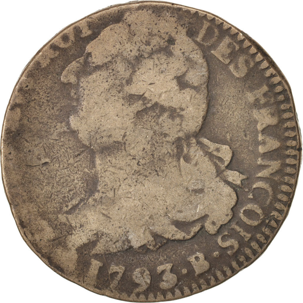 Francia, 2 sols françois, 2 Sols, 1793, Rouen, B+, Bronzo, KM:603.3, Gadoury:25