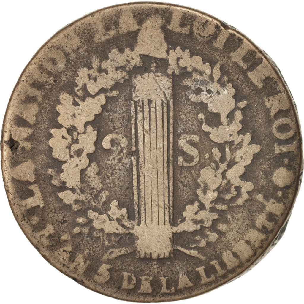 Francia, 2 sols françois, 2 Sols, 1793, Rouen, B+, Bronzo, KM:603.3, Gadoury:25