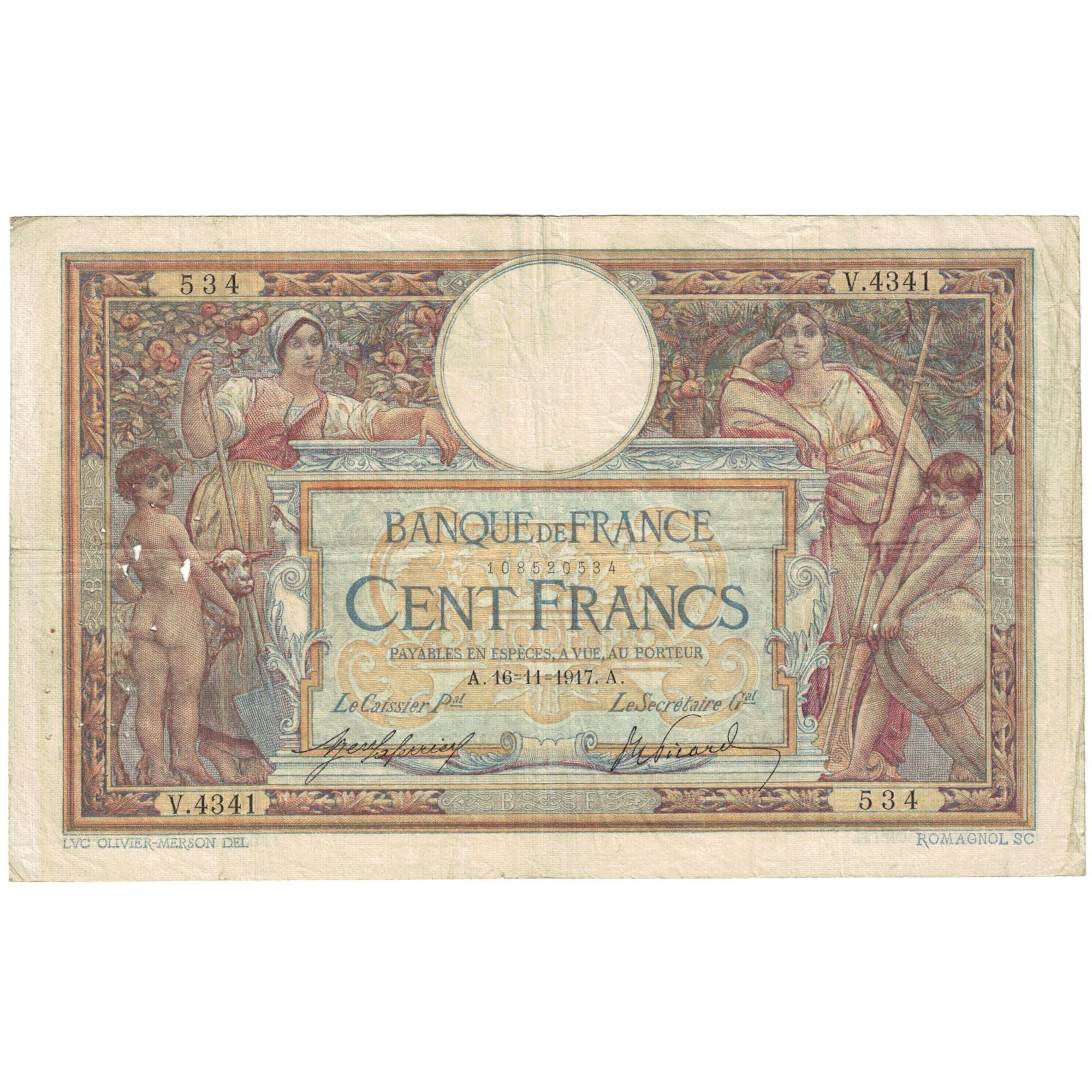 France, 100 Francs, Luc Olivier Merson, 1917, V.4341, VF(30-35), Fayette:23.09