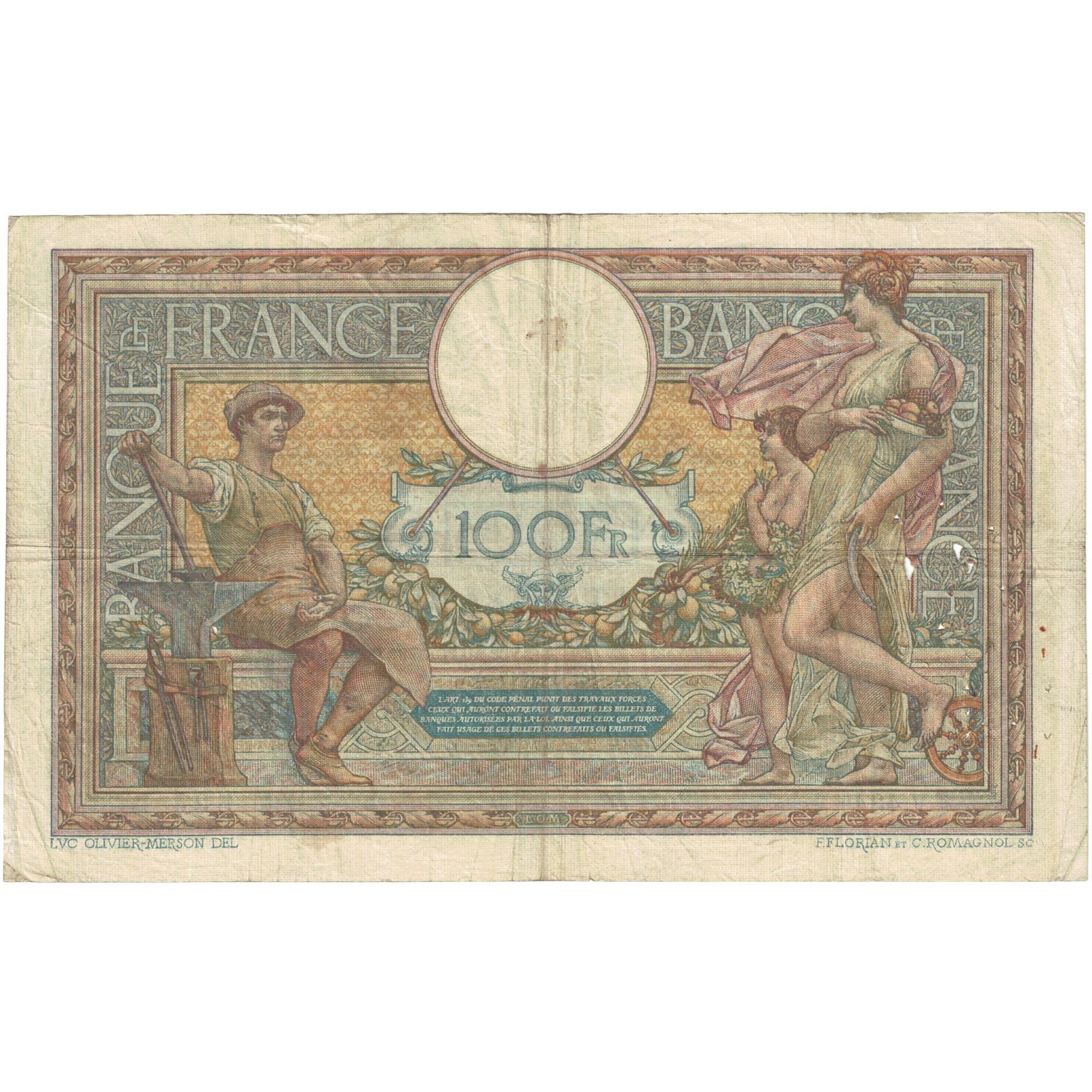 France, 100 Francs, Luc Olivier Merson, 1917, V.4341, VF(30-35), Fayette:23.09