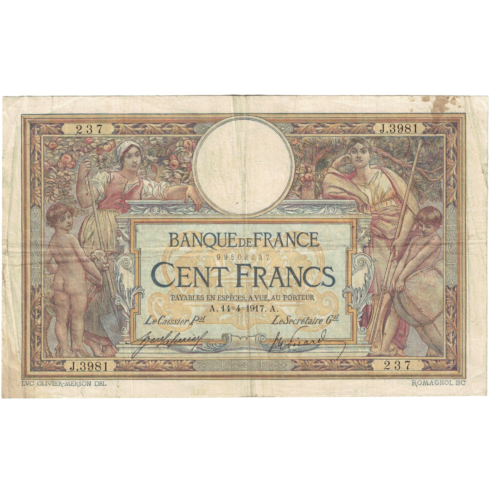 Francia, 100 Francs, Luc Olivier Merson, 1917, V.4341, BC, Fayette:23.09, KM:71a