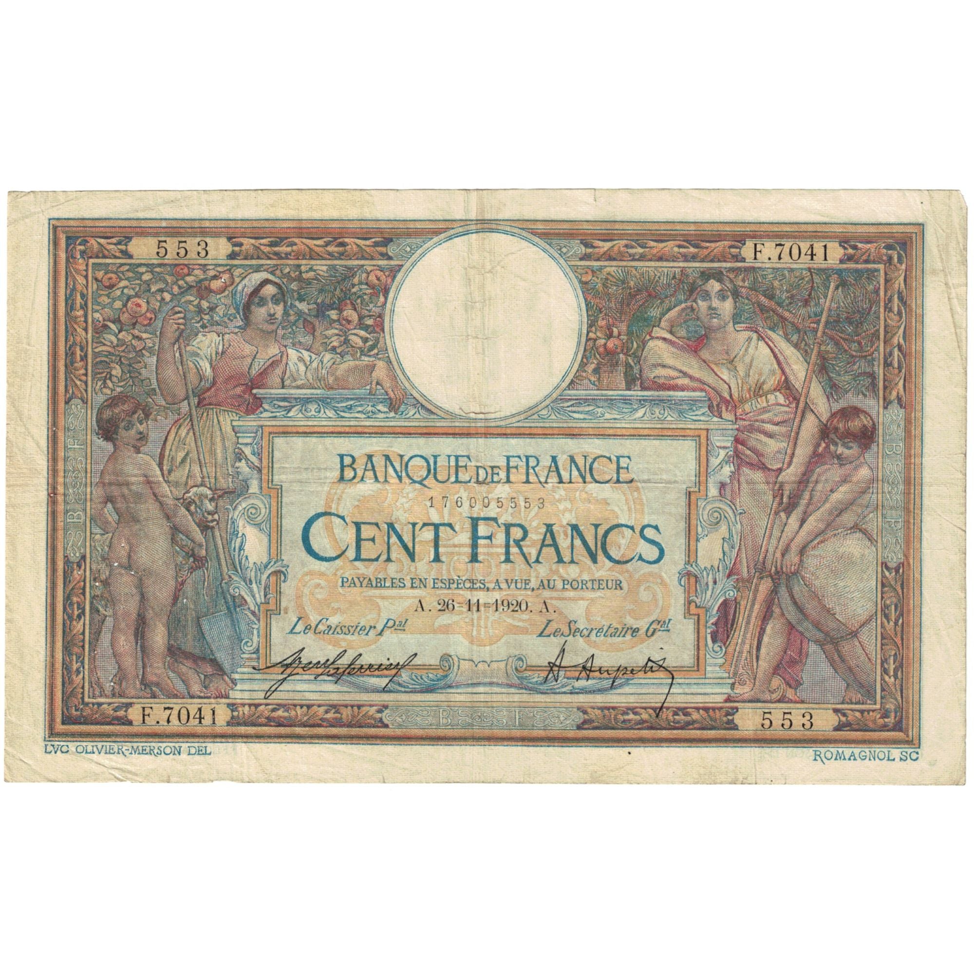 France, 100 Francs, Luc Olivier Merson, 1920, F.7041 553, TB, Fayette:23.13