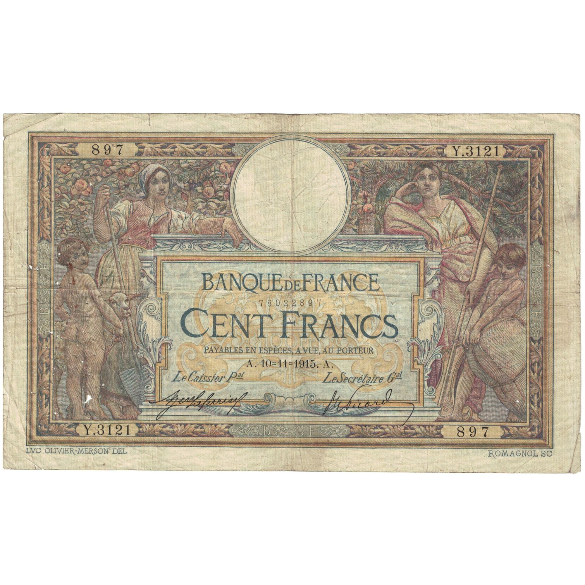 France, 100 Francs, Luc Olivier Merson, 1915, Y.3121, VF(20-25), Fayette:23.07
