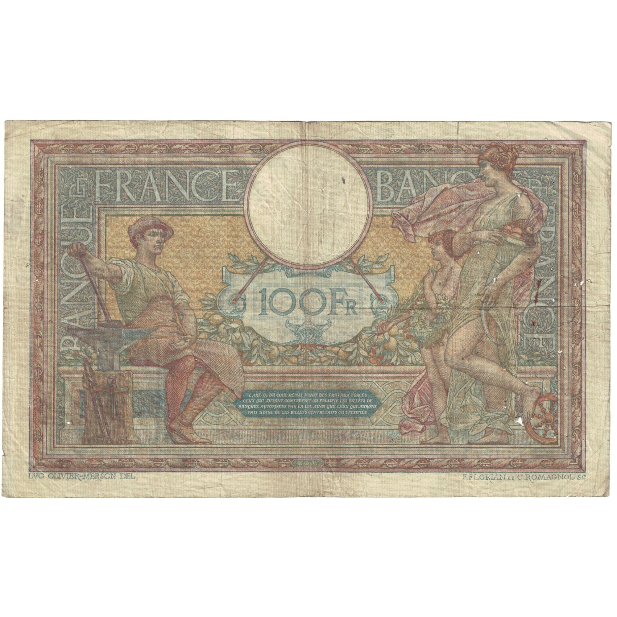 France, 100 Francs, Luc Olivier Merson, 1915, Y.3121, VF(20-25), Fayette:23.07