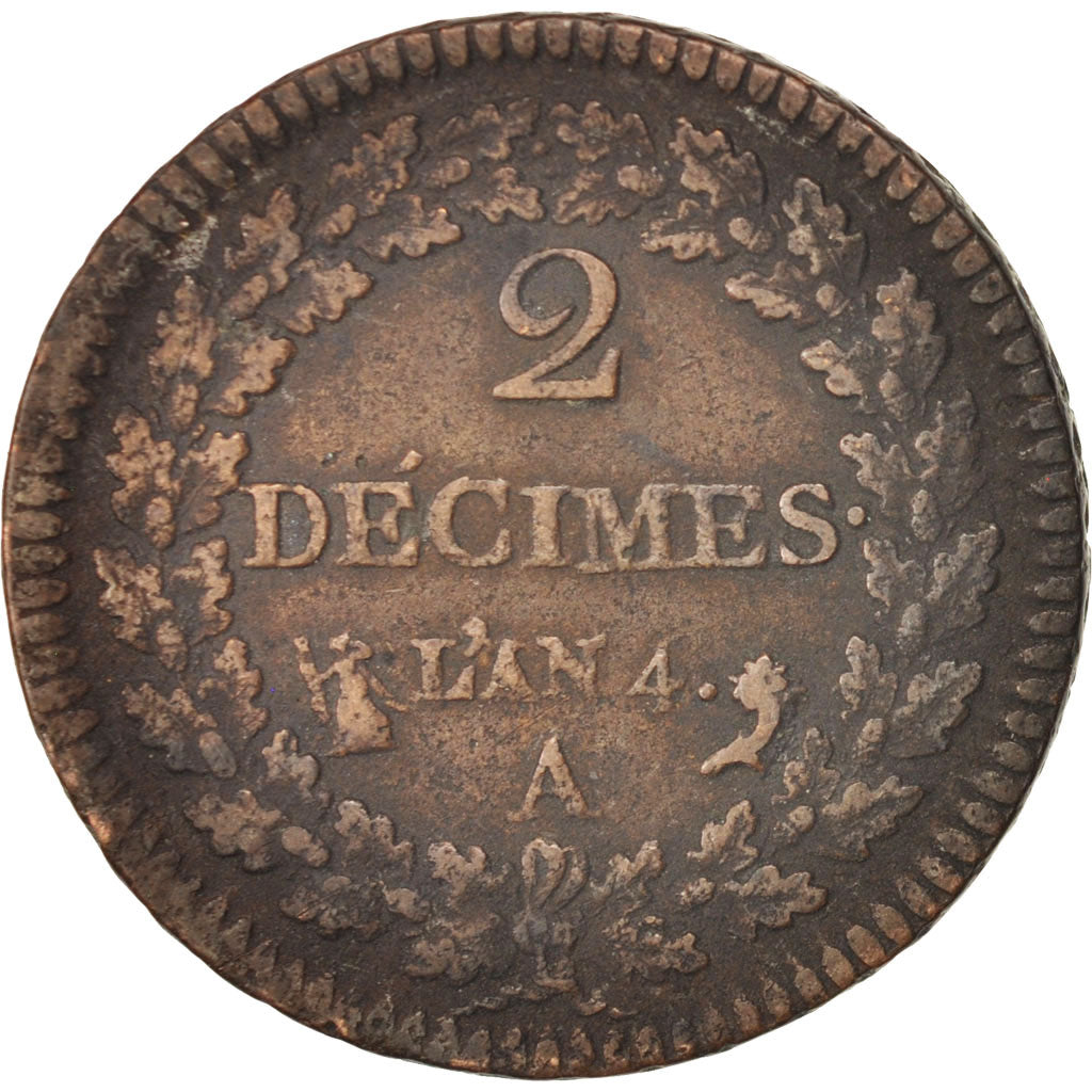France, Dupré, 2 Décimes, 1795, Paris, EF(40-45), Bronze, KM:638.1