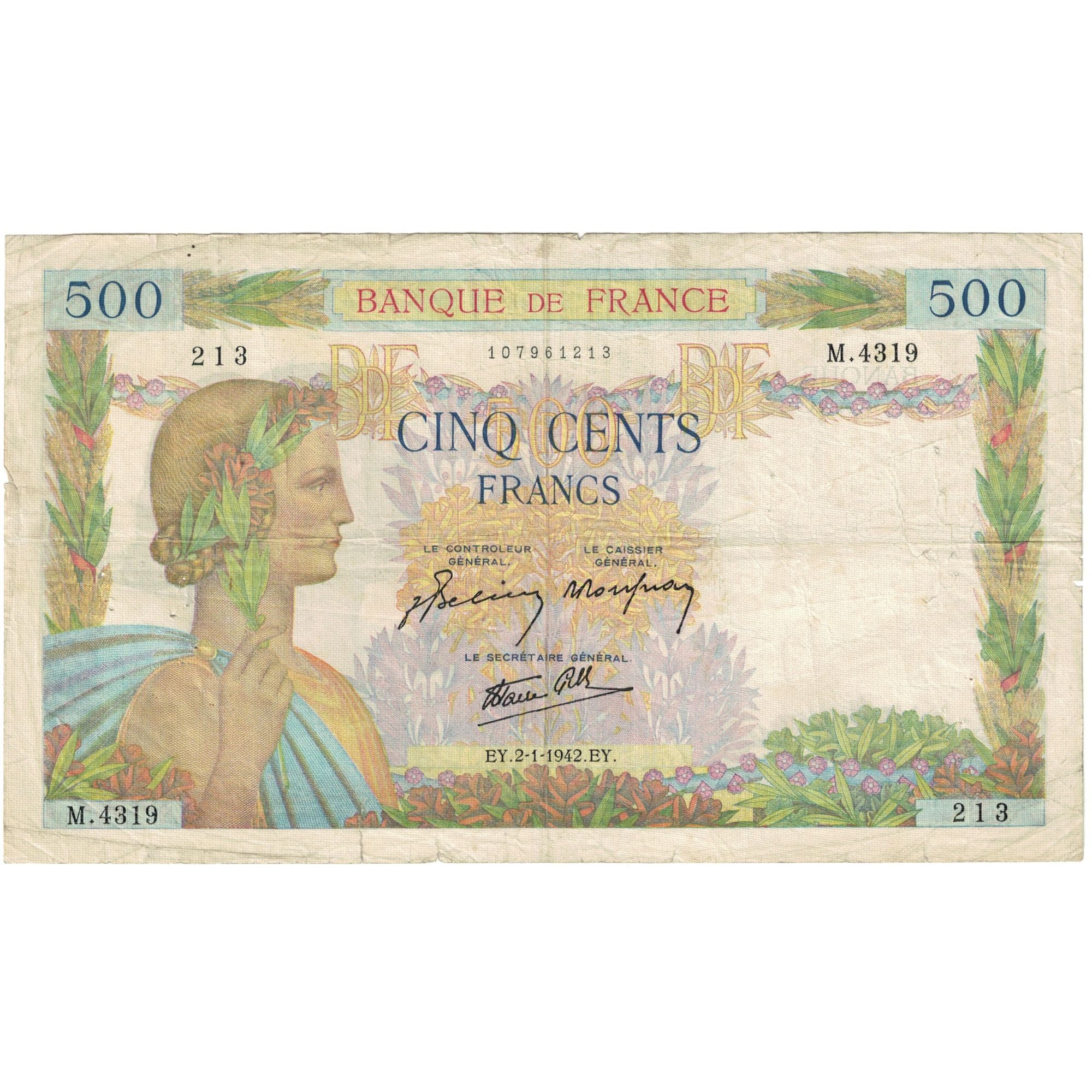 France, 500 Francs, La Paix, 1942, M.4319 213, VF(30-35), Fayette:32.26, KM:95b