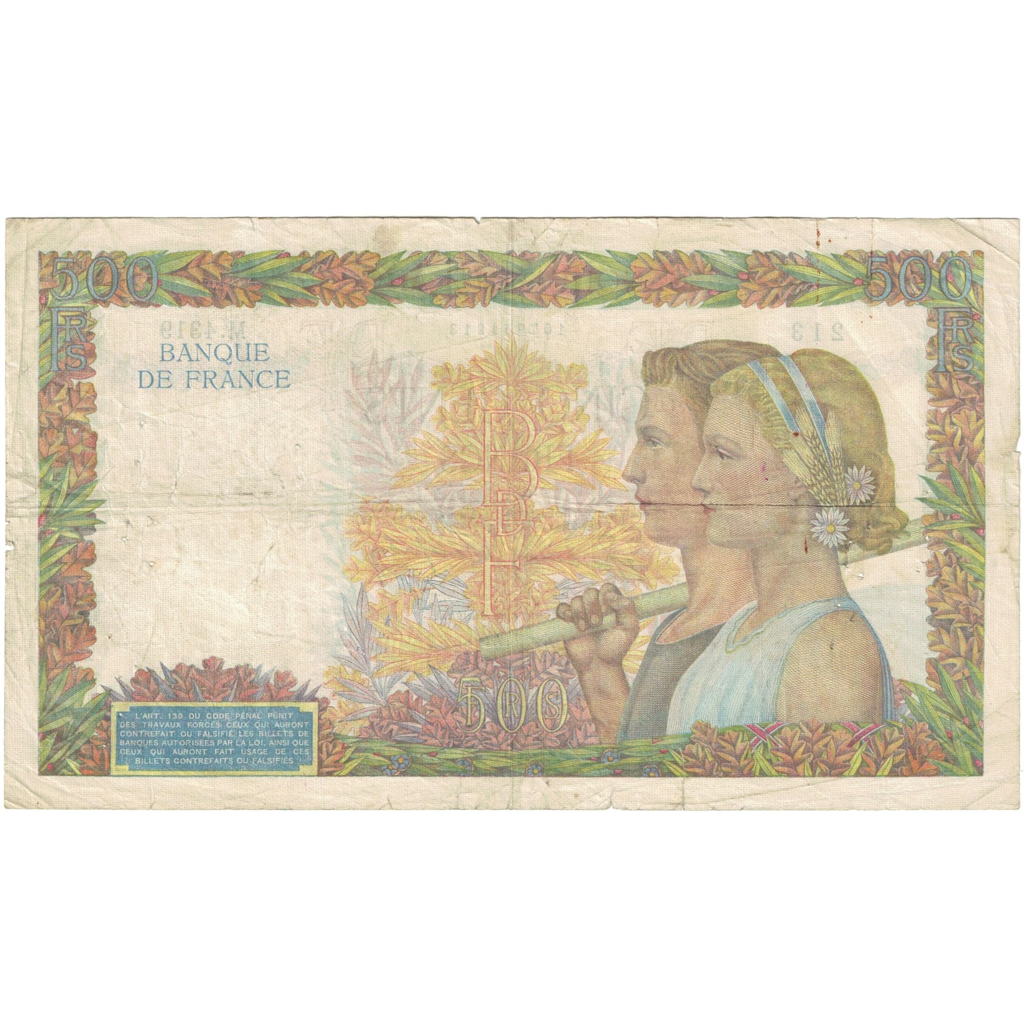 France, 500 Francs, La Paix, 1942, M.4319 213, VF(30-35), Fayette:32.26, KM:95b