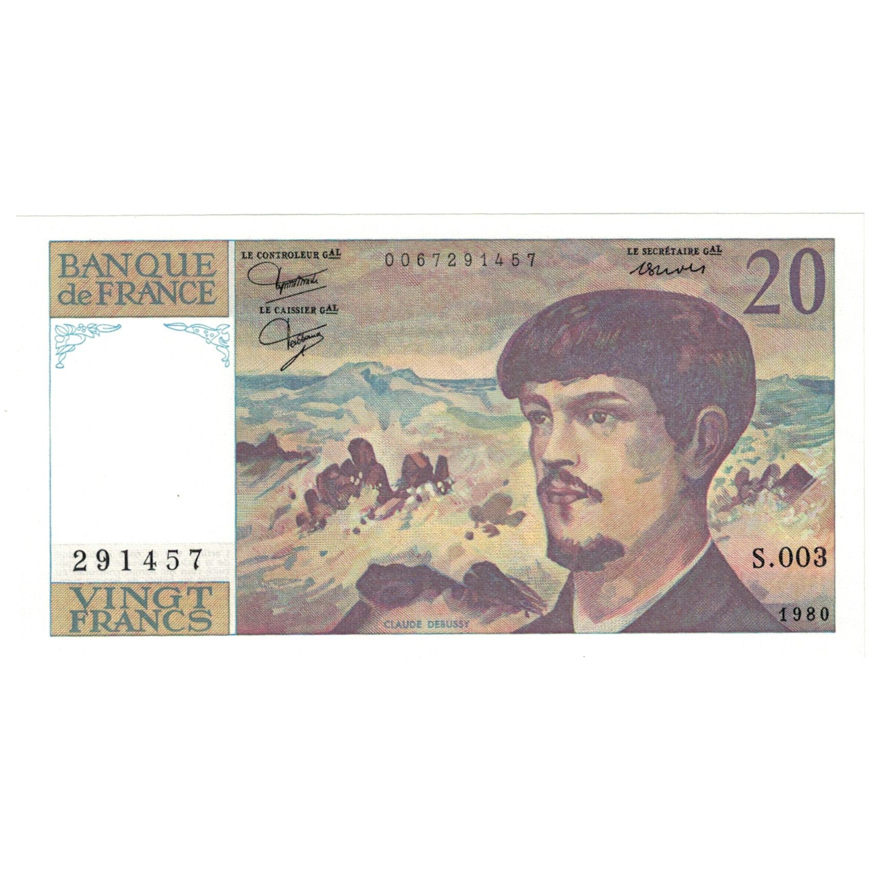 France, 20 Francs, Debussy, 1980, 291457 S.003, UNC(65-70), Fayette:66.1