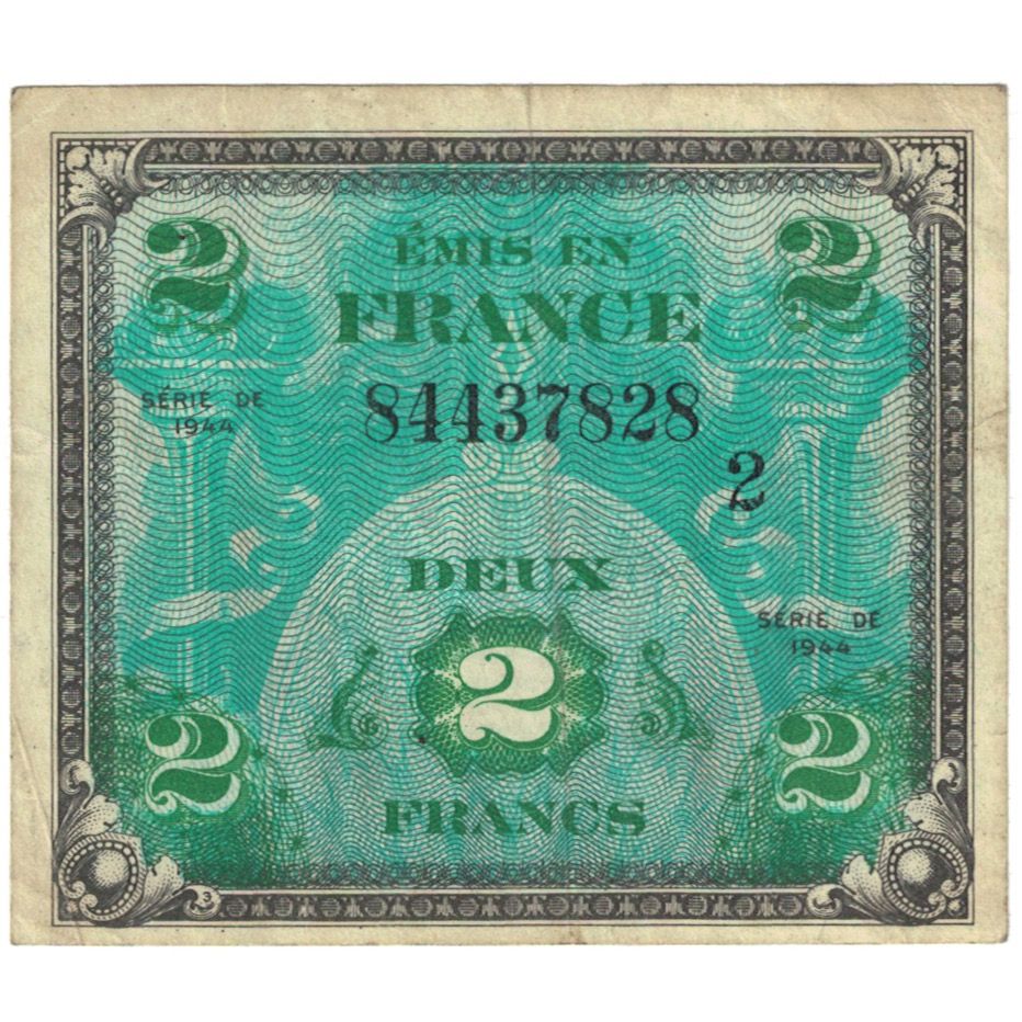 France, 2 Francs, Flag/France, 1944, 84437828, VF(20-25), Fayette:16.02, KM:114a