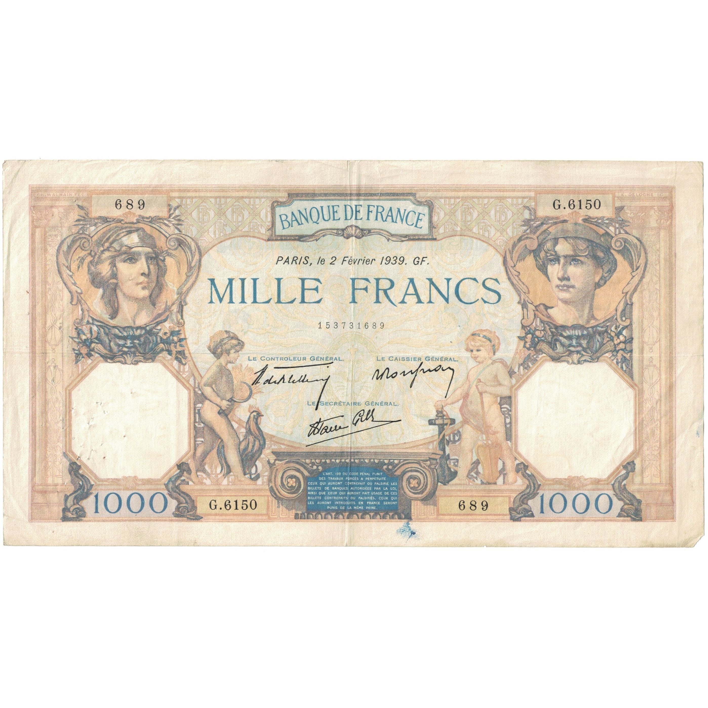 France, 1000 Francs, Cérès et Mercure, 1939, G.6150 689, TB+, Fayette:38.34