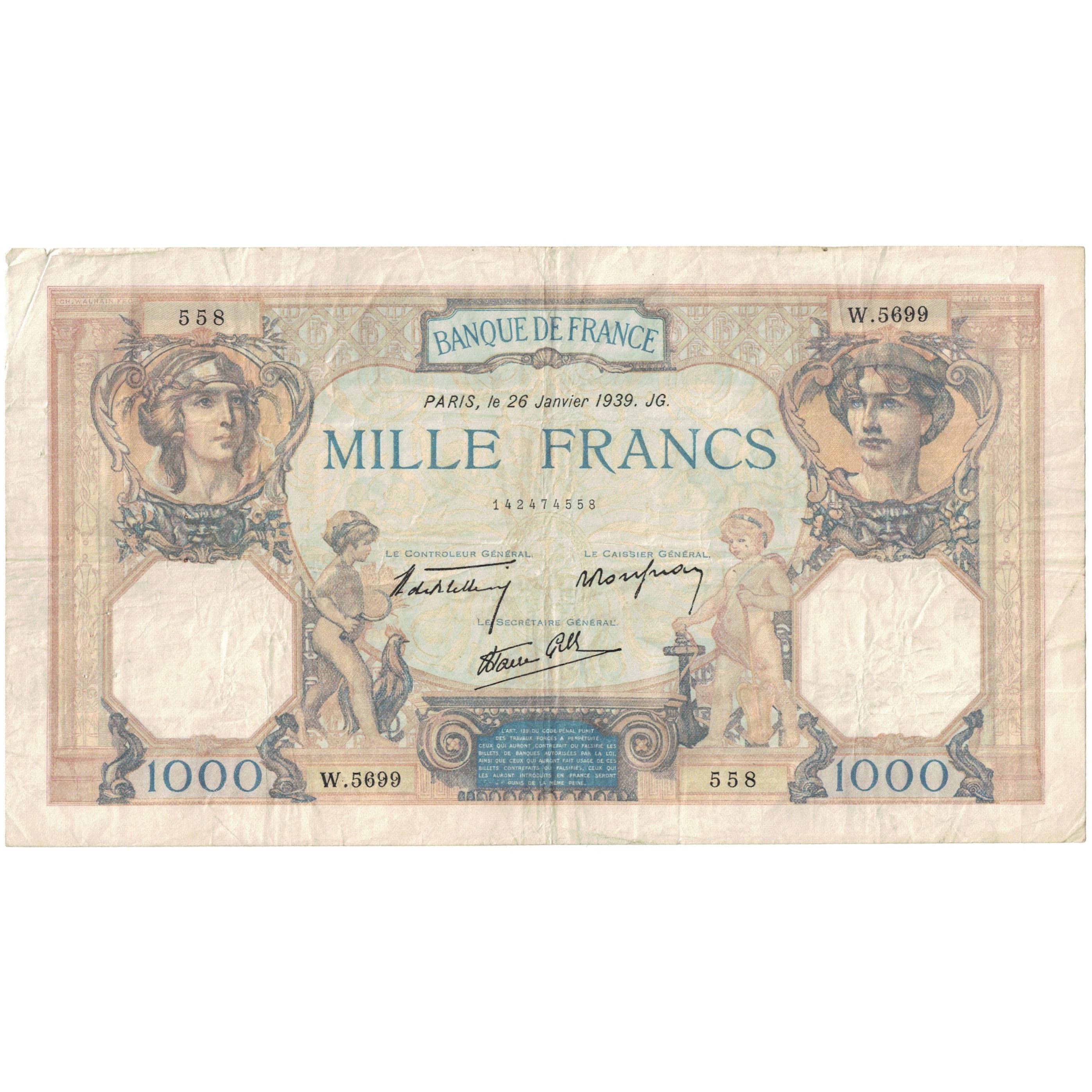Francja, 1000 Francs, Cérès et Mercure, 1939, 1939-01-26, EF(40-45)