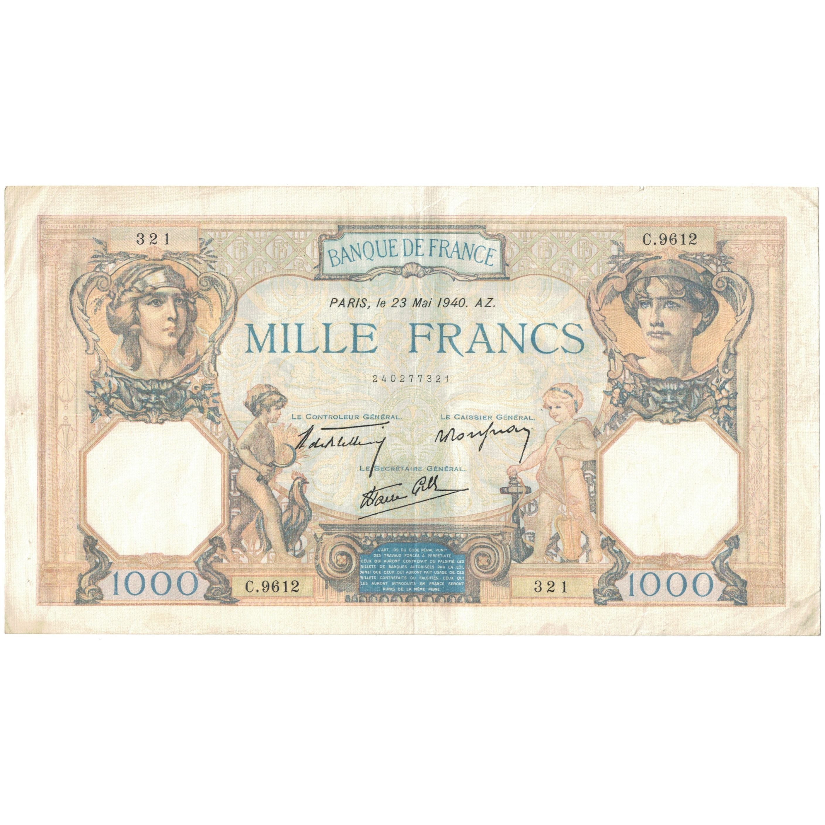 França, 1000 Francs, 1940, C.9612 321, EF(40-45), Fayette:38.47, KM:90c