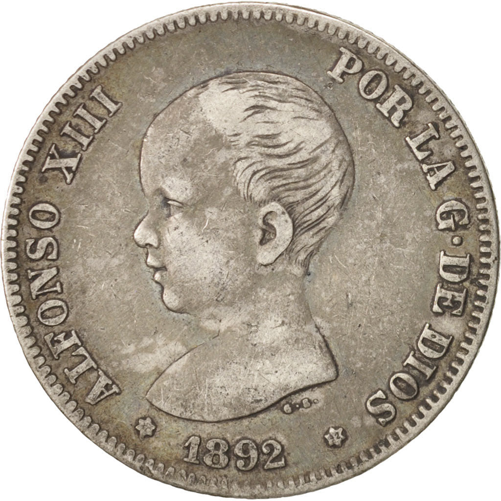 Spain, Alfonso XIII, 2 Pesetas, 1892, Madrid, EF(40-45), Silver, KM:692