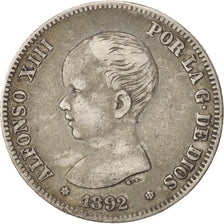 Spain, Alfonso XIII, 2 Pesetas, 1892, Madrid, EF(40-45), Silver, KM:692