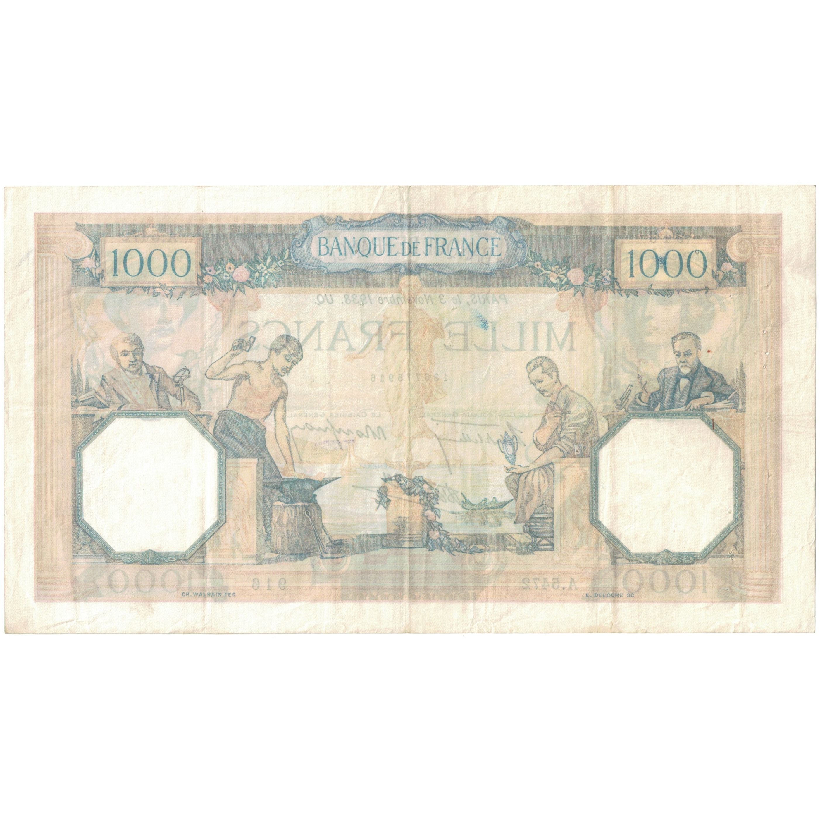 Francia, 1000 Francs, 1938, A.5472 916, BC+, Fayette:38.32, KM:90c
