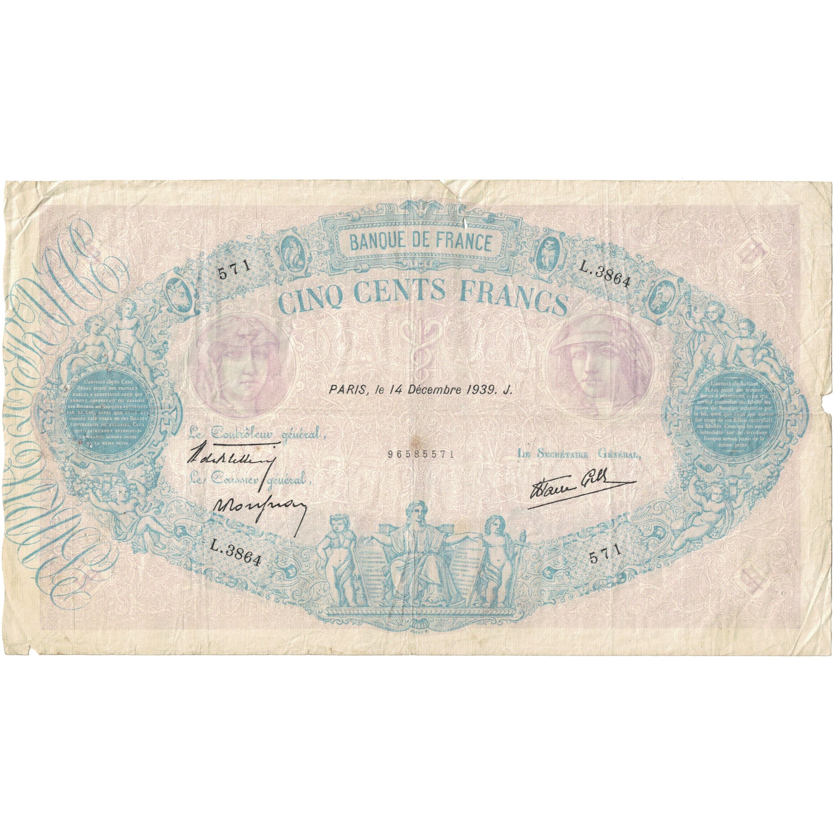 Frankrijk, 500 Francs, 1939, L.3864 571, B, Fayette:31.52, KM:88c