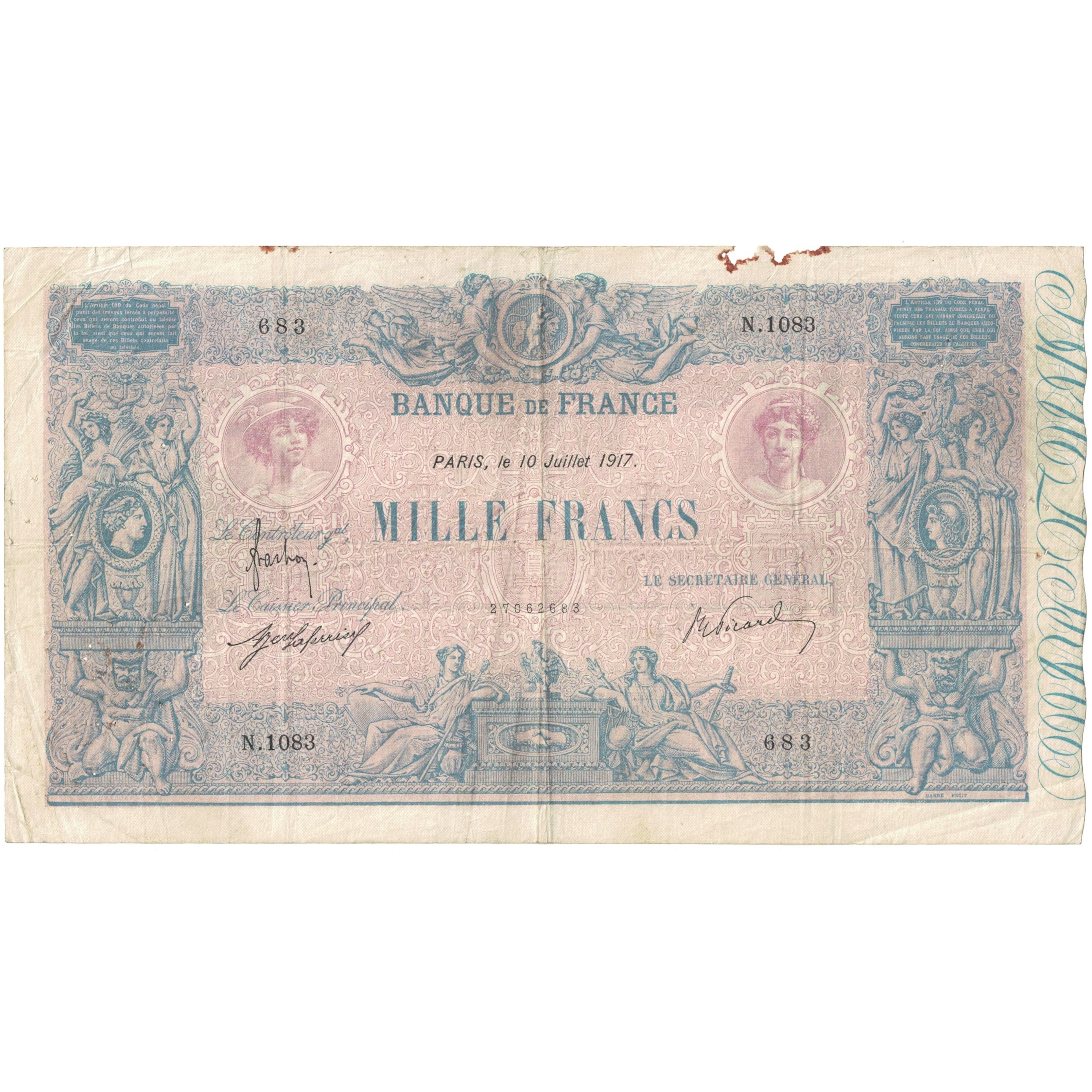 Francia, 1000 Francs, 1917, N.1083 683, RC, Fayette:36.31, KM:67g