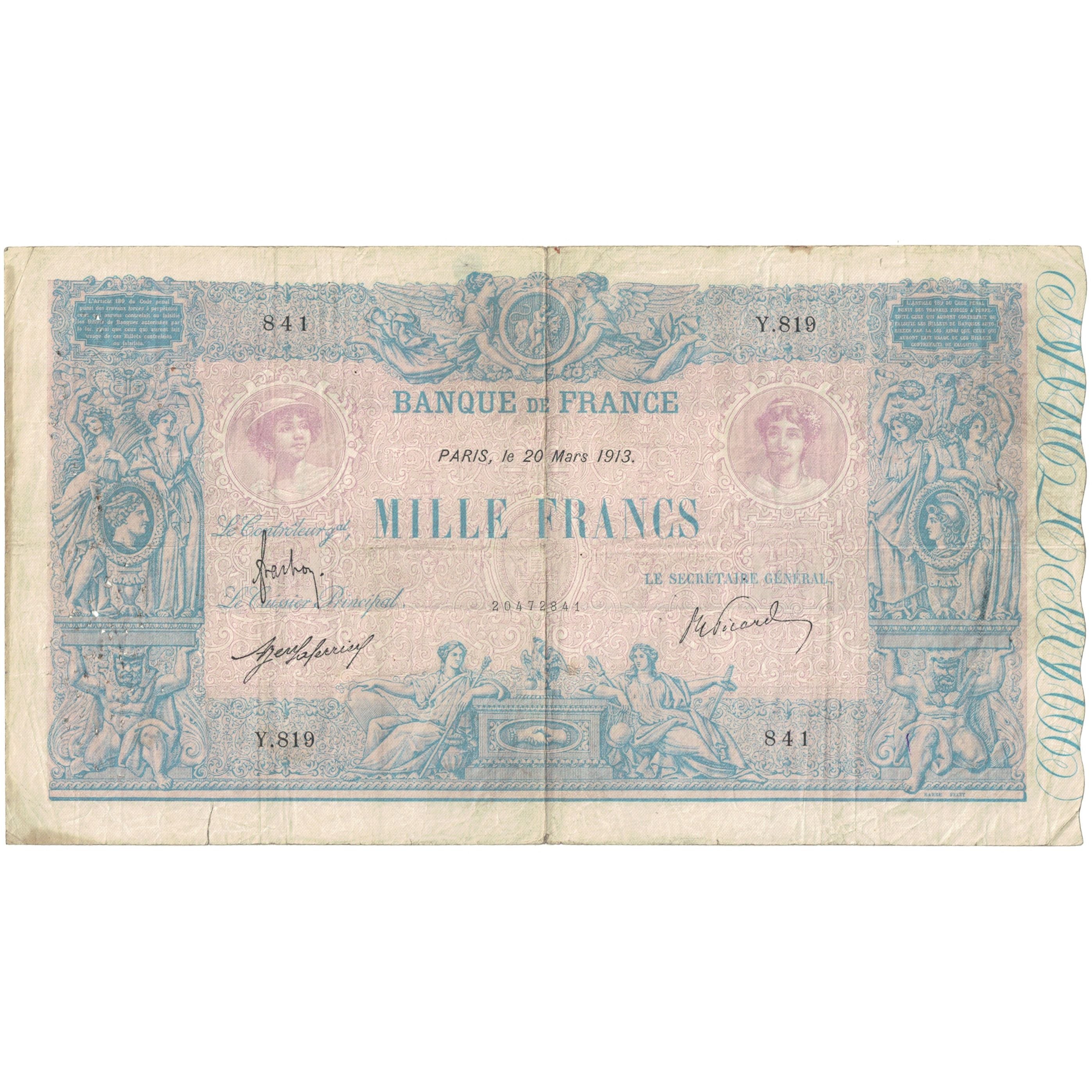 France, 1000 Francs, 1913, Y.819 841, B, Fayette:36.27, KM:67g