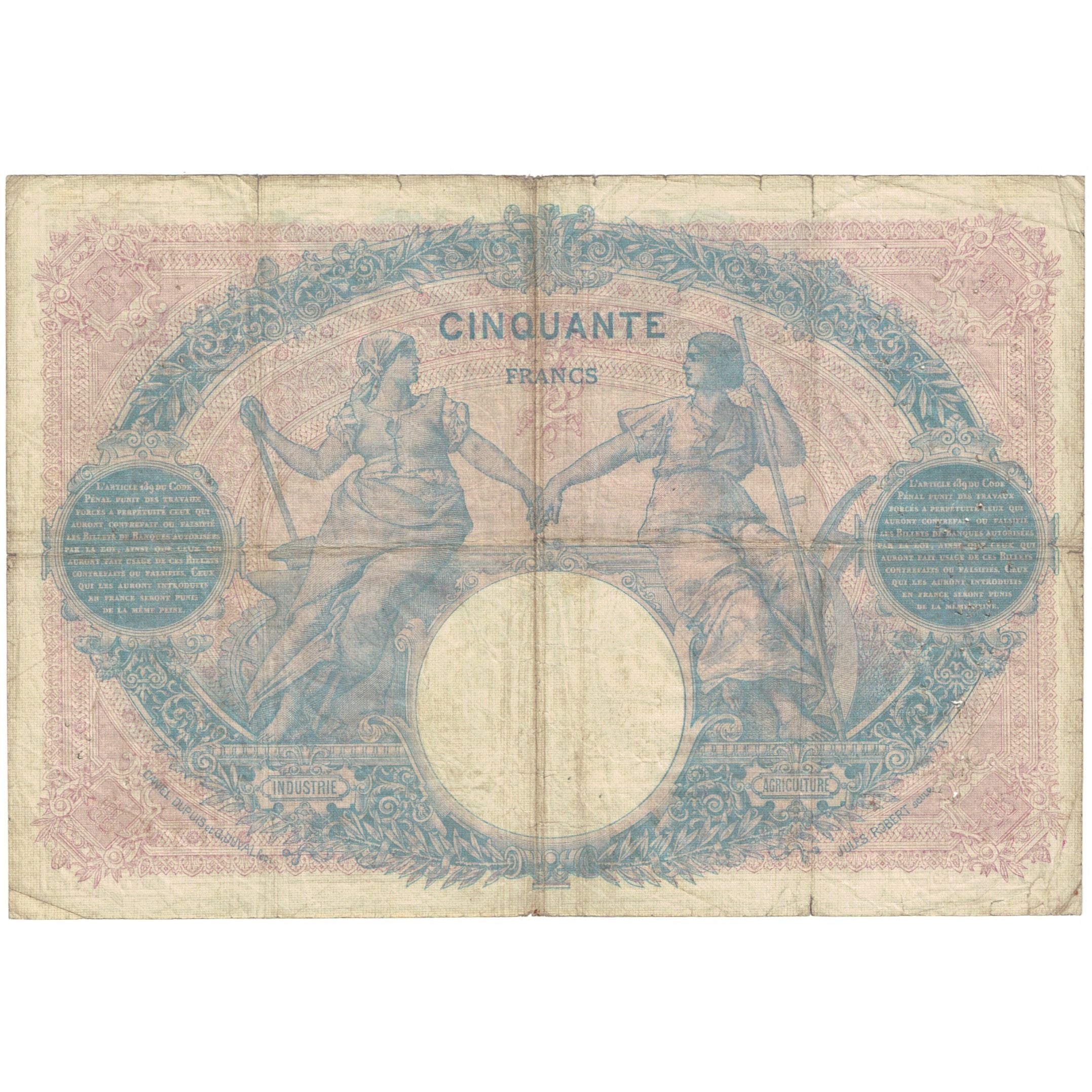 France, 50 Francs, 1911, Bleu et Rose, VG(8-10), Fayette:14.24, KM:64e