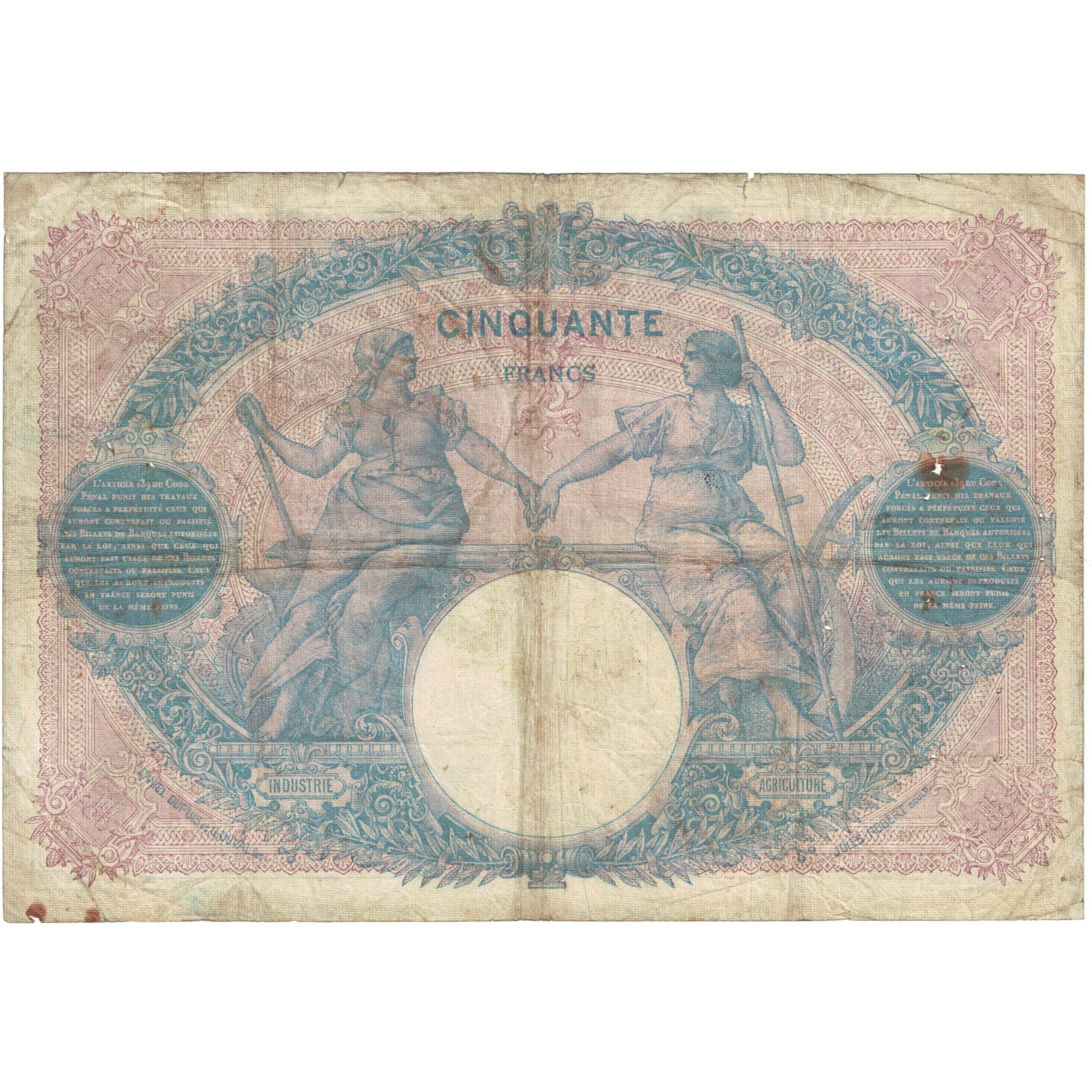 France, 50 Francs, Bleu et Rose, 1913, W.4603 201, B, Fayette:14.26, KM:64e