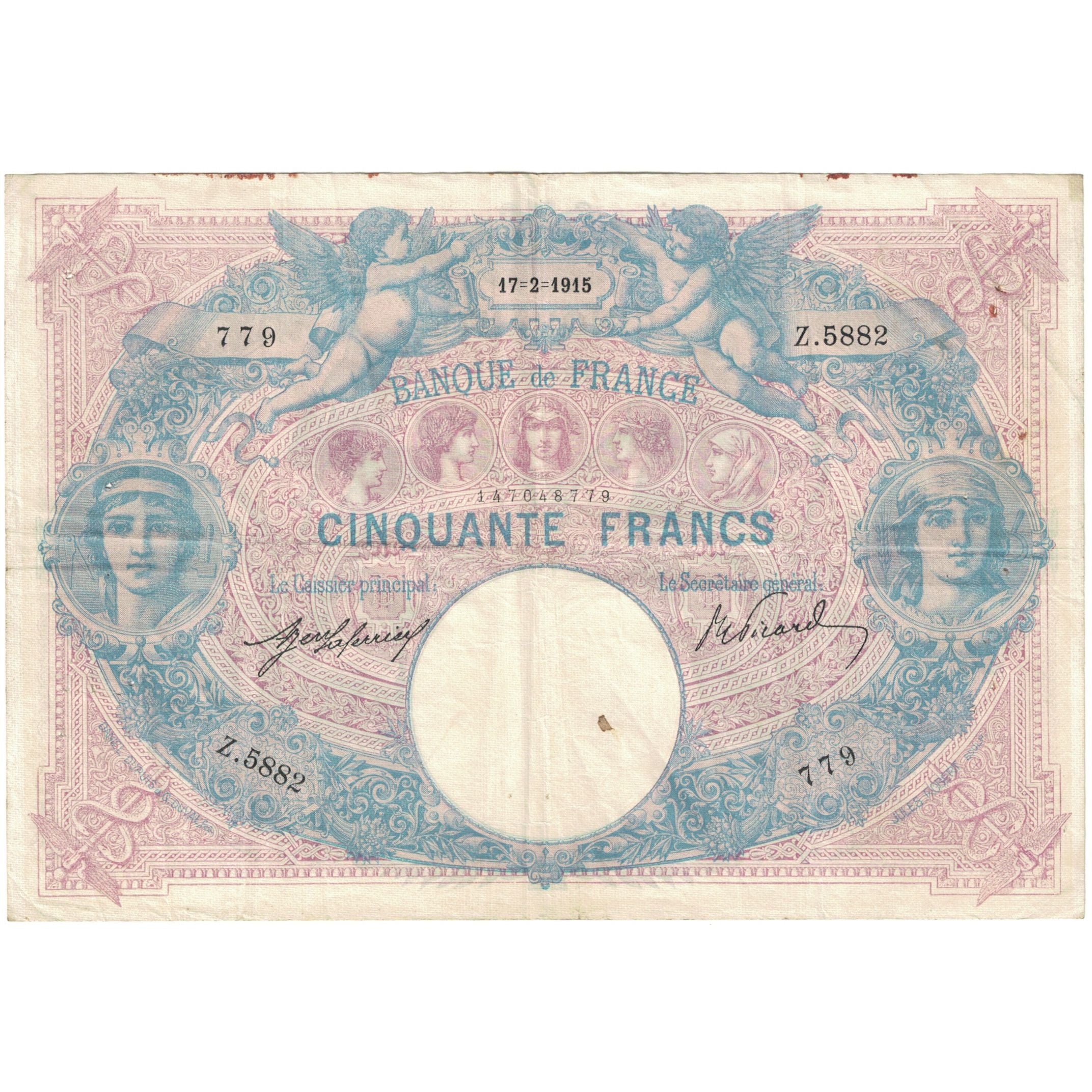 France, 50 Francs, 1915, Bleu et Rose, VF(20-25), Fayette:14.28, KM:64e