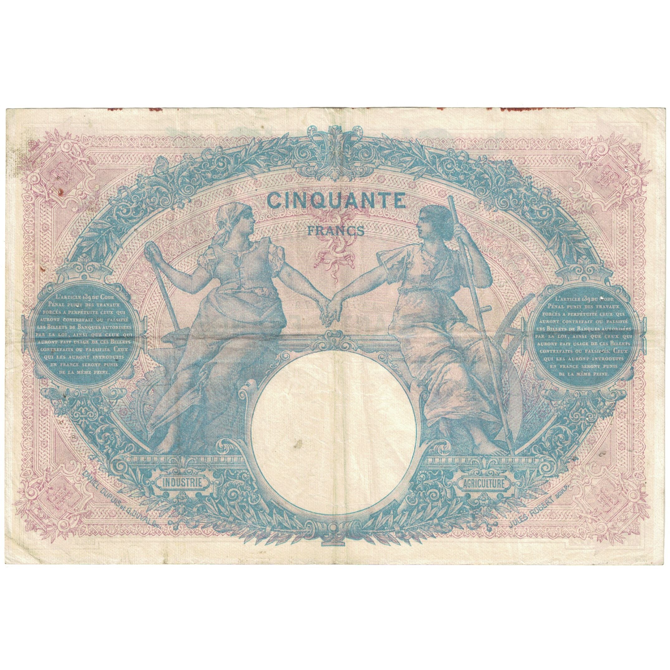 France, 50 Francs, 1915, Bleu et Rose, VF(20-25), Fayette:14.28, KM:64e