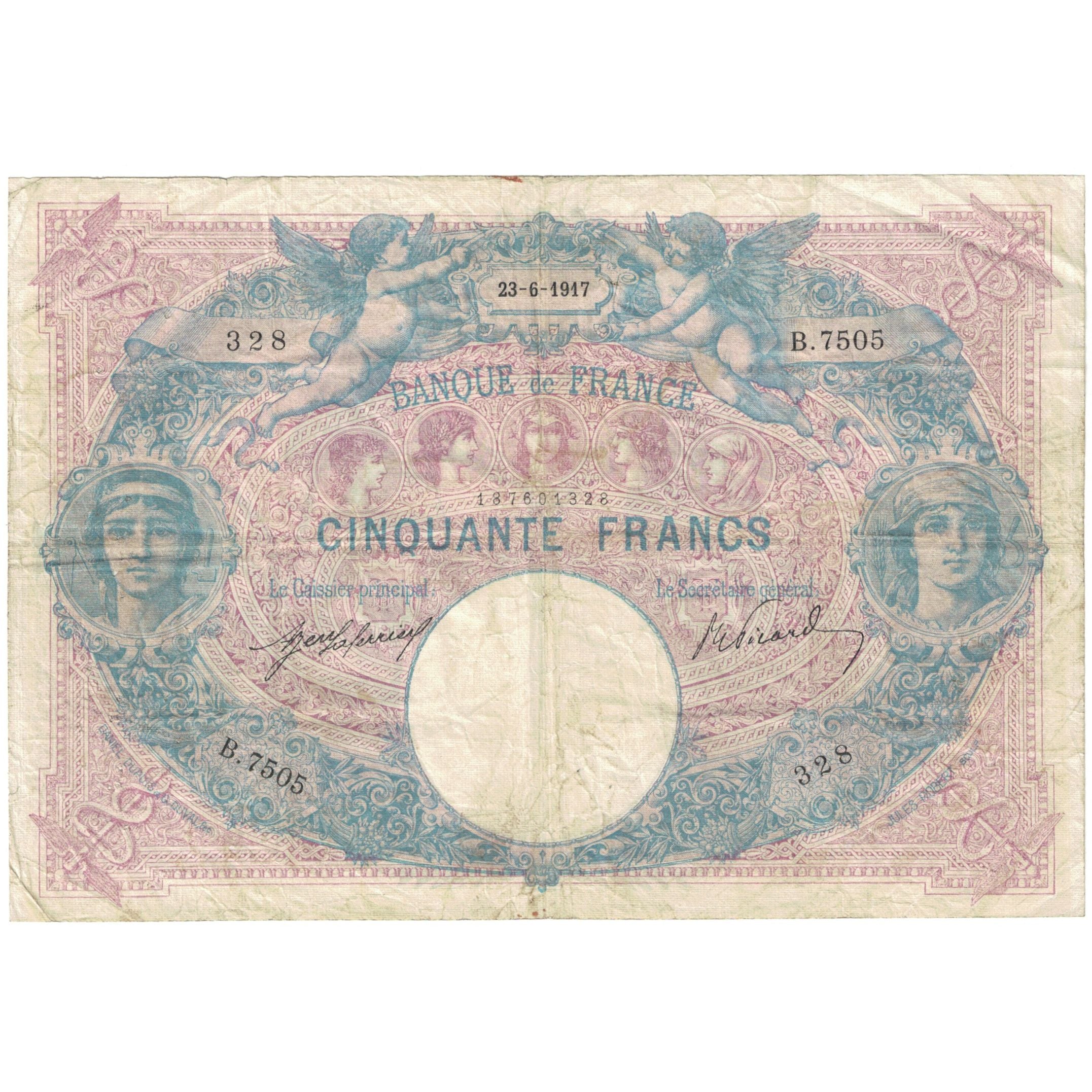 France, 50 Francs, 1917, Bleu et Rose, VF(20-25), Fayette:14.30, KM:64e