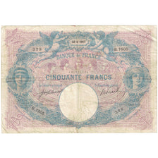 France, 50 Francs, 1917, Bleu et Rose, VF(20-25), Fayette:14.30, KM:64e
