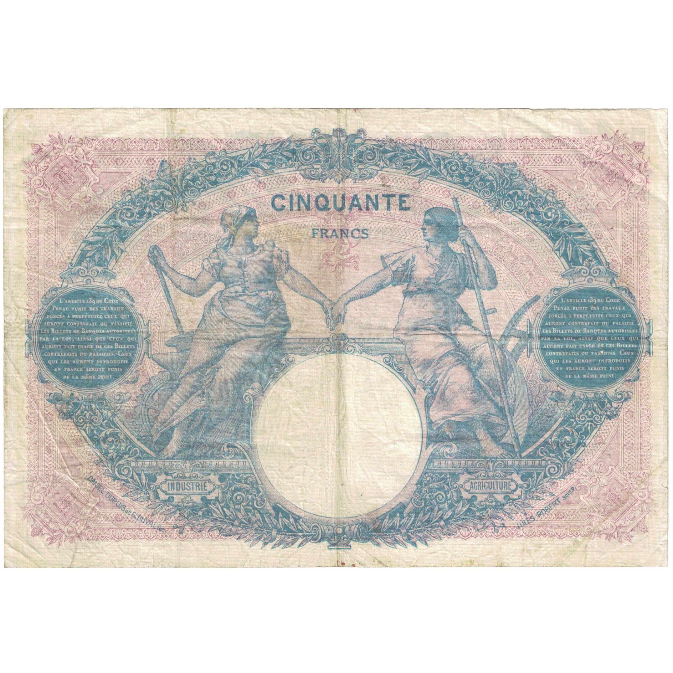France, 50 Francs, 1917, Bleu et Rose, VF(20-25), Fayette:14.30, KM:64e