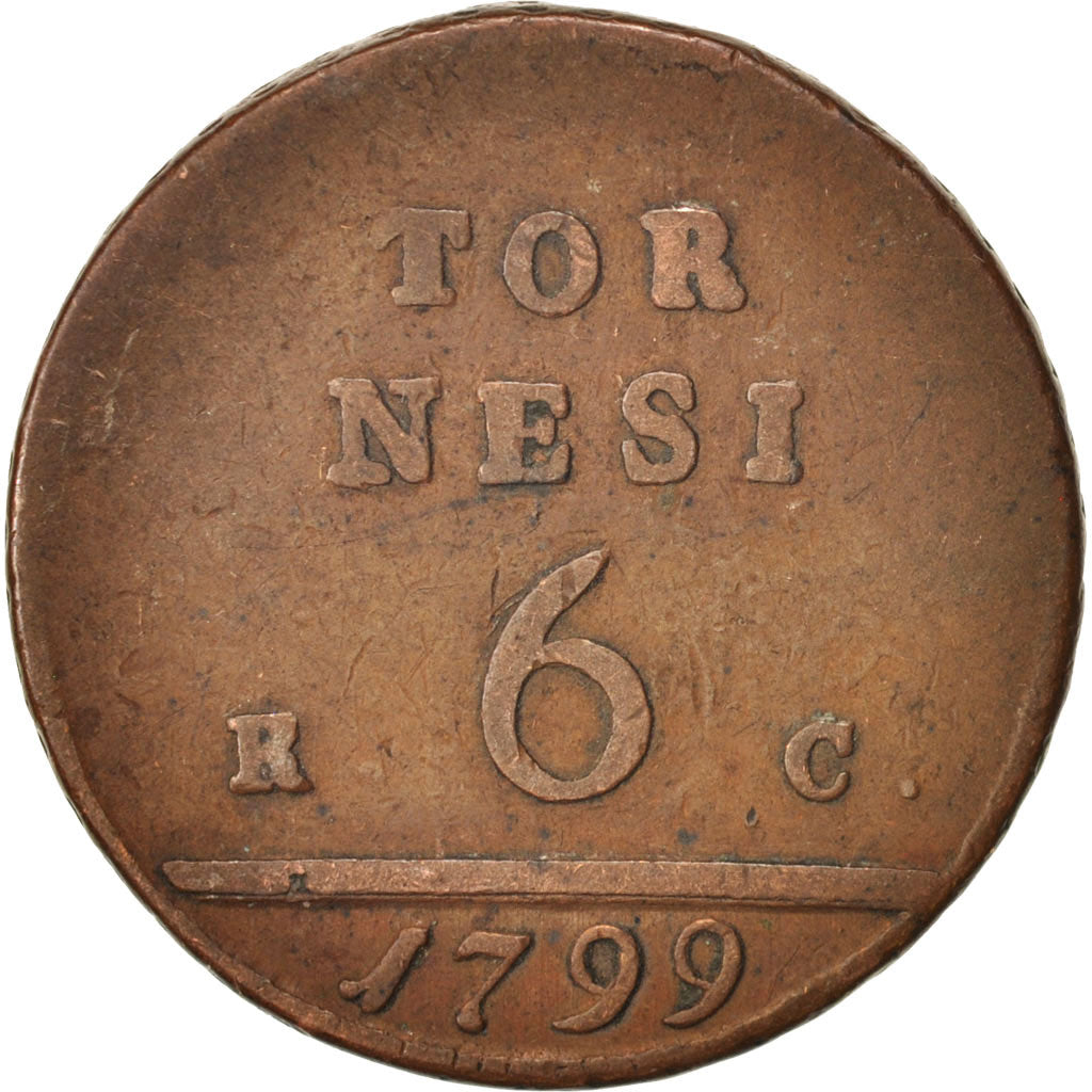 ITALIAN STATES, Ferdinando IV, 6 Tornesi, 1799, VF(20-25), Copper, KM:229