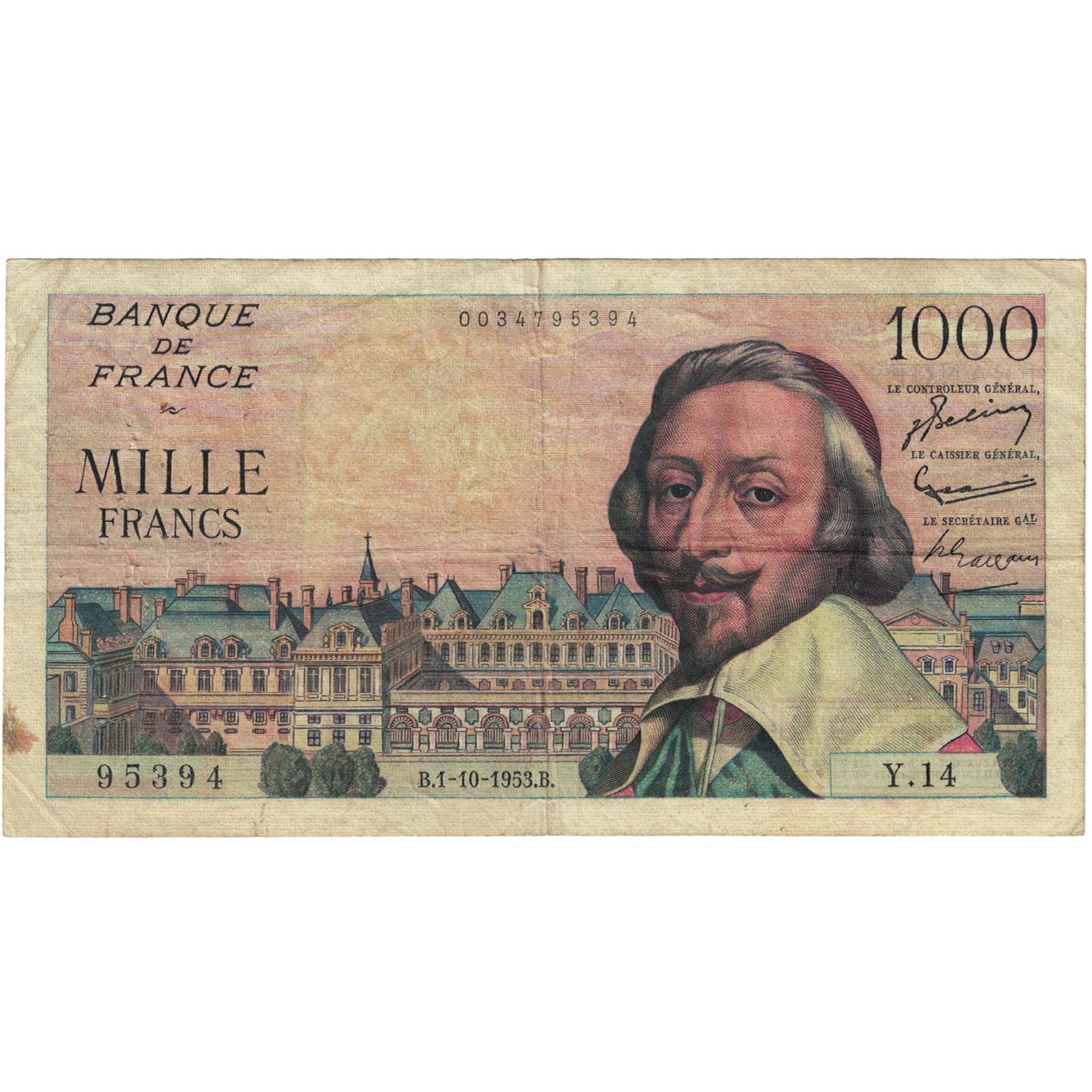 Francia, 1000 Francs, Richelieu, 1955, 95394 Y.14, BC, Fayette:42.3, KM:134a