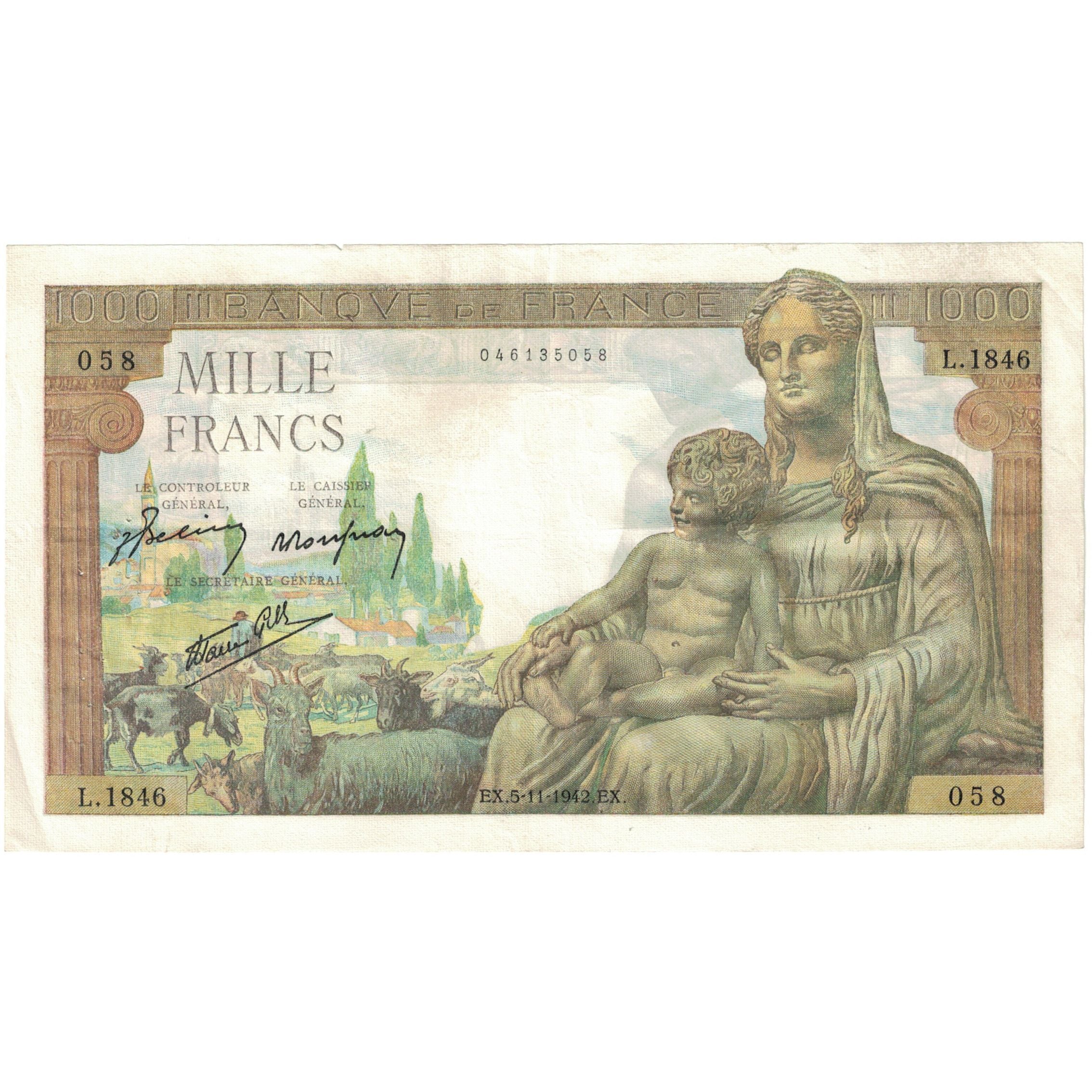 França, 1000 Francs, Déesse Déméter, L.1846 058, EF(40-45), Fayette:40.10