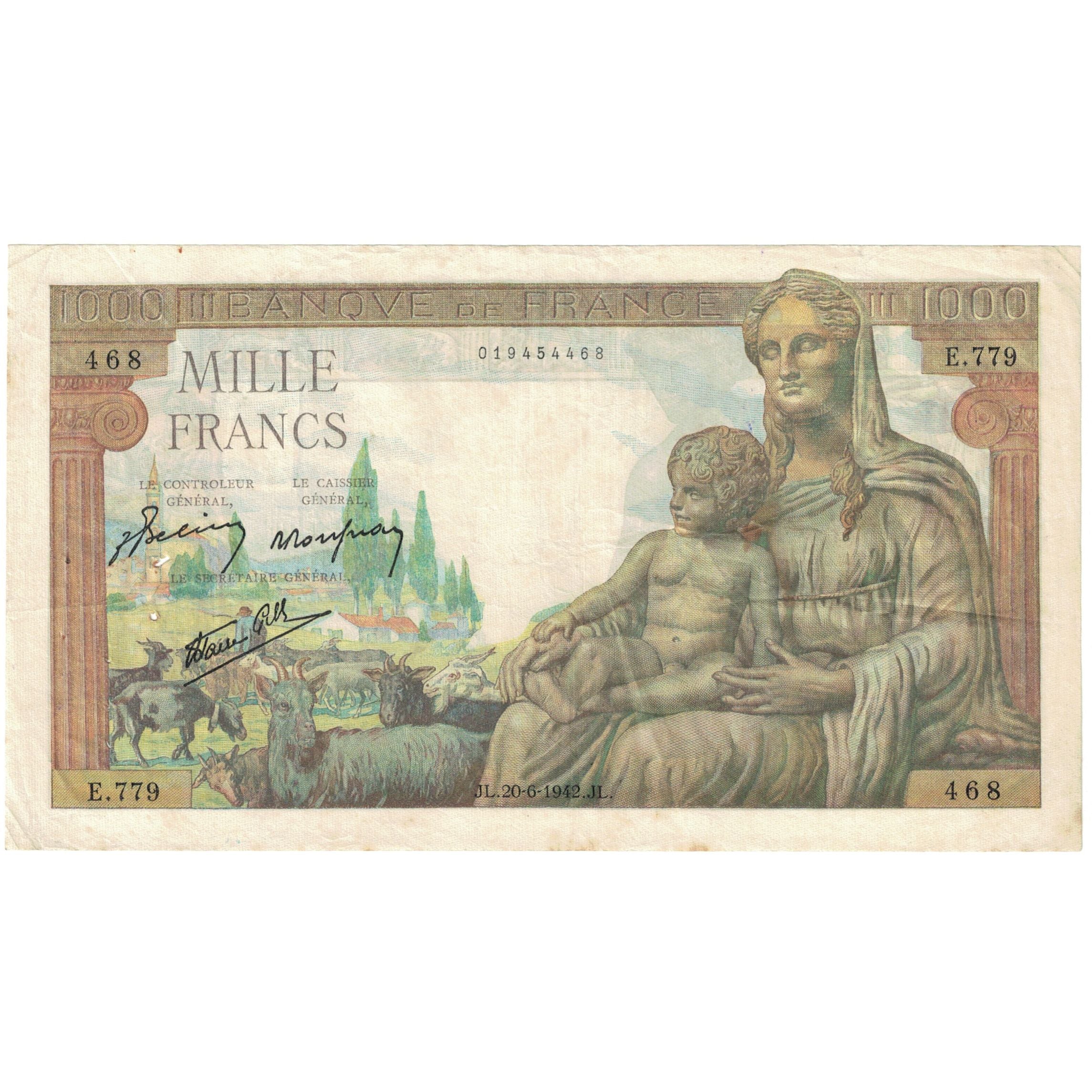 France, 1000 Francs, Déesse Déméter, E. 779 468, EF(40-45), Fayette:40.3