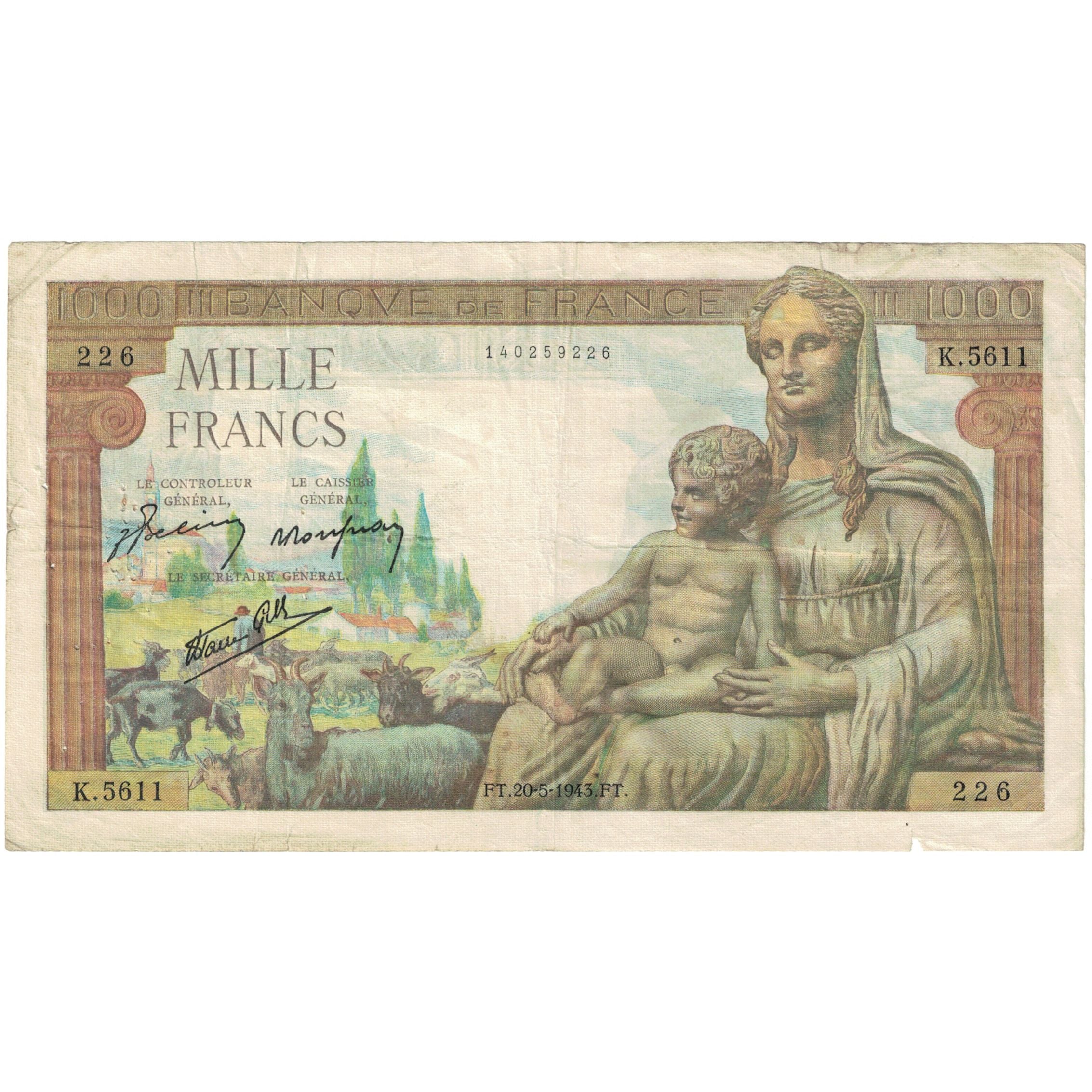 France, 1000 Francs, Déesse Déméter 1943-05-20, EF(40-45) Fay:40.24 KM:102
