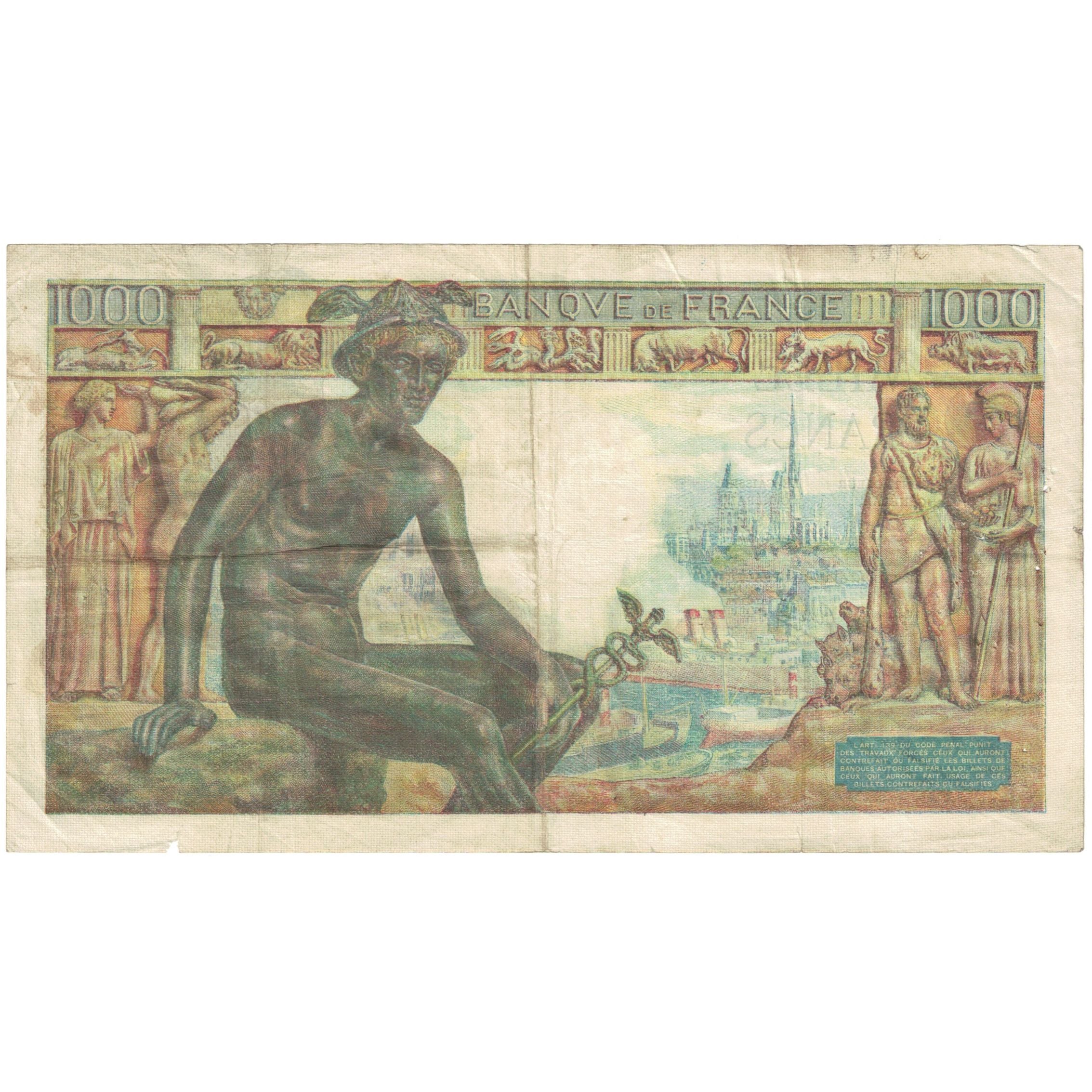 France, 1000 Francs, Déesse Déméter 1943-05-20, EF(40-45) Fay:40.24 KM:102