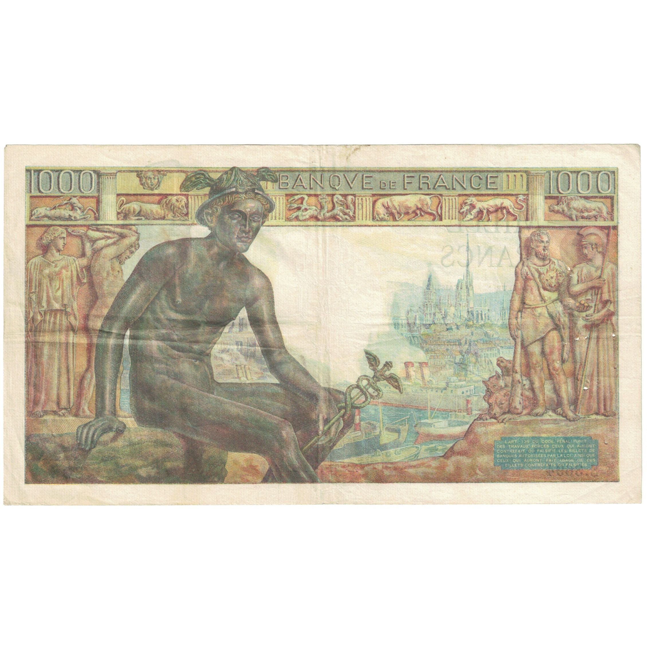 Francia, 1000 Francs, Déesse Déméter, 1943, S.3694 824, MB+, Fayette:40.17