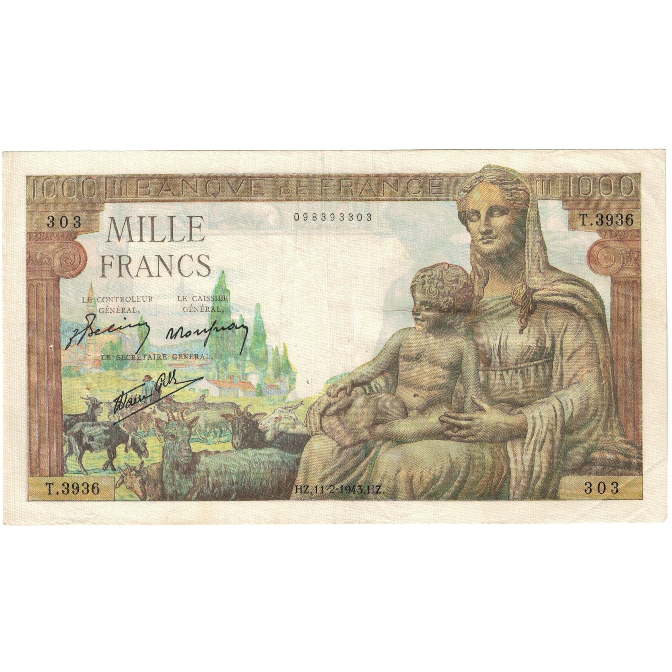 Francia, 1000 Francs, Déesse Déméter, 1943, T.3936 303, BB, Fayette:40.18