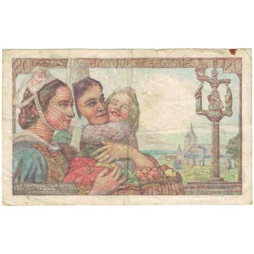 France, 20 Francs, Pêcheur, 1943, A.102, VG(8-10), Fayette:13.7, KM:100a