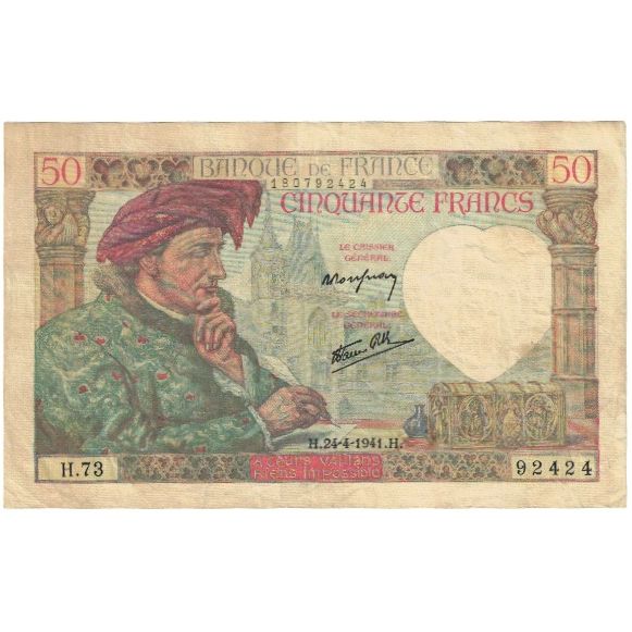 Francia, 50 Francs, Jacques Coeur, 1941, H.73 92424, MB, Fayette:19.09, KM:93