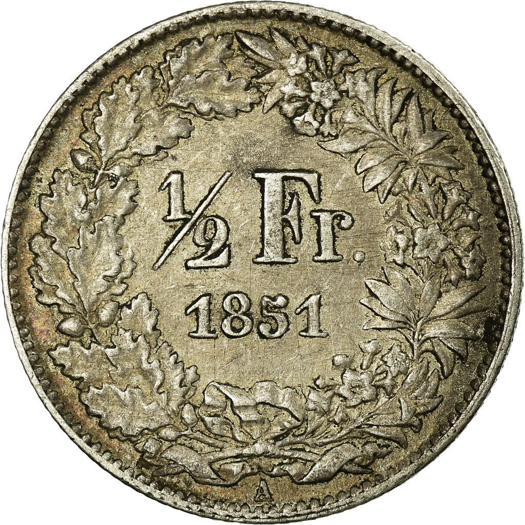 Suiza, 1/2 Franc, Helvetia seated, 1851, Paris, Plata, MBC, KM:8