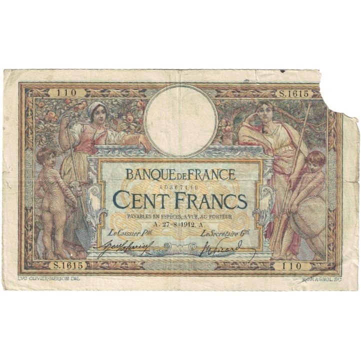 France, 100 Francs, Luc Olivier Merson, 1912, S.1615 110, AG(1-3)