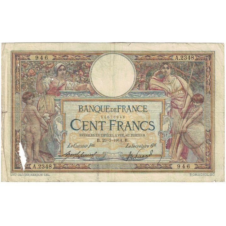 Frankreich, 100 Francs, Luc Olivier Merson, 1914, A.2348, GE, Fayette:23.6