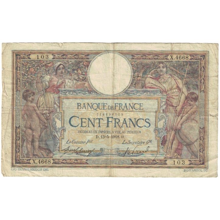 França, 100 Francs, Luc Olivier Merson, 1918, X.4558, VF(20-25), Fayette:23.10