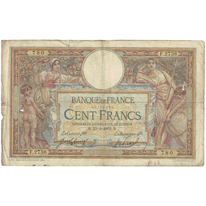France, 100 Francs, Luc Olivier Merson, 1915, F.2736, VG(8-10), Fayette:23.07