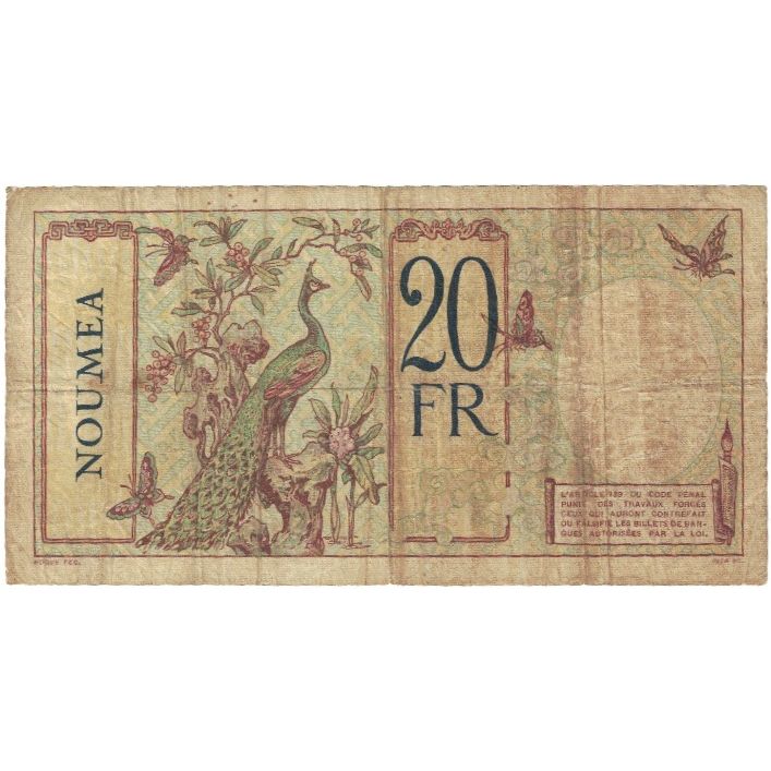 Banknote, New Caledonia, 20 Francs, Undated (1929), KM:37b, VF(20-25)