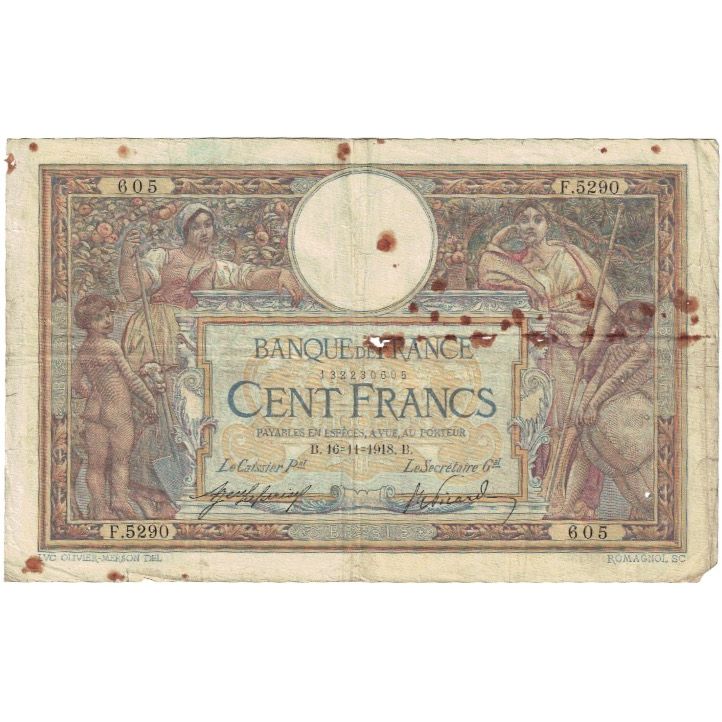 Francia, 100 Francs, Luc Olivier Merson, 1918, F.5290, D, Fayette:23.10, KM:71a