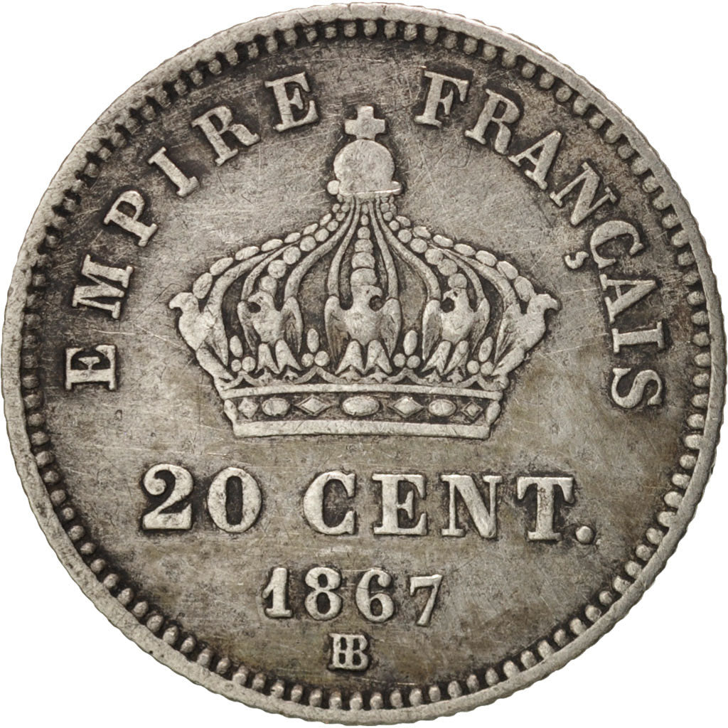 France, 20 Centimes, 1867, Strasbourg, EF(40-45), Silver, KM:808.2, Gadoury:309