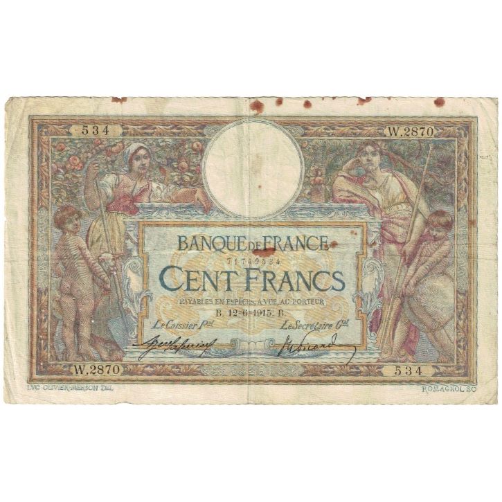 Francia, 100 Francs, Luc Olivier Merson, 1915, W.2870, MB, Fayette:23.07, KM:71a